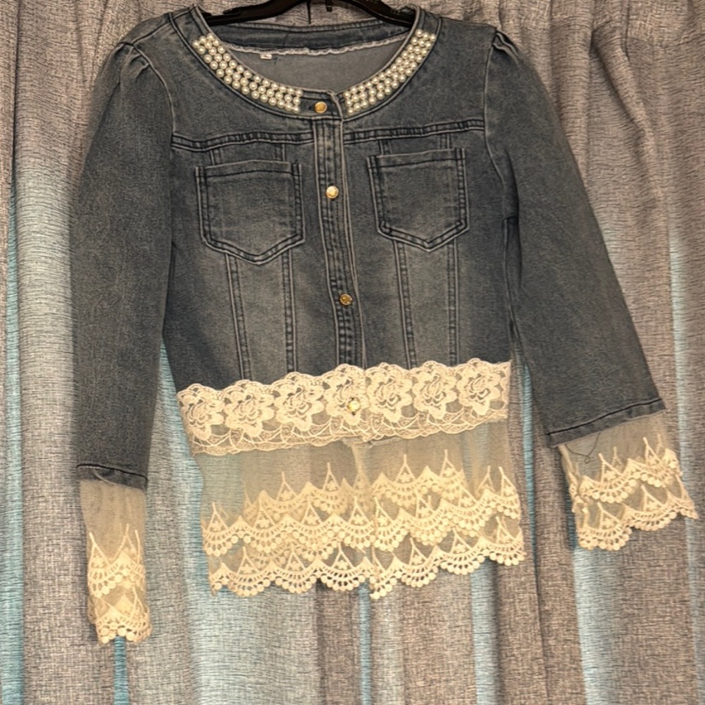 Denim Jacket with Lace Trim